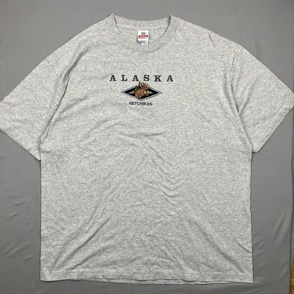 Intex Ketchikan Alaska Short Sleeve Tee Size 2XL Moose Embroidered Gray‎